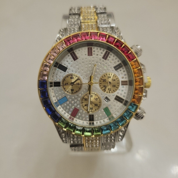 Men's Luxury Iced Crystal Rainbow Inlaid Simulated Diamond Steel Quart Watch - Picture 10 of 10